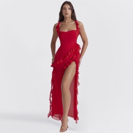 Burgundy Ruffle High-Slit Evening Dress