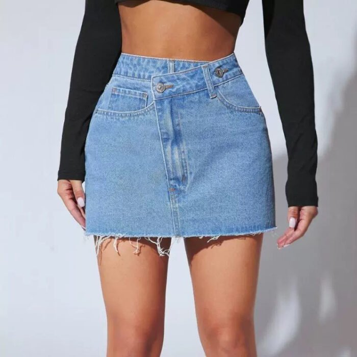 Trendy high-waisted distressed denim mini skirt with a frayed hem, perfect for casual-chic styling.