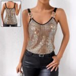 Gold chain strap sequin tank top with a shimmering grid design, V-neckline, and metallic finish, perfect for parties and club nights.