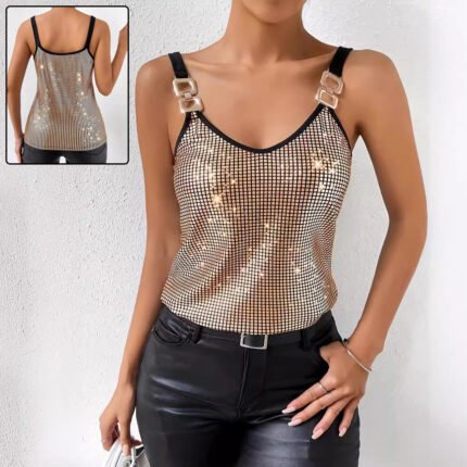 Gold chain strap sequin tank top with a shimmering grid design, V-neckline, and metallic finish, perfect for parties and club nights.