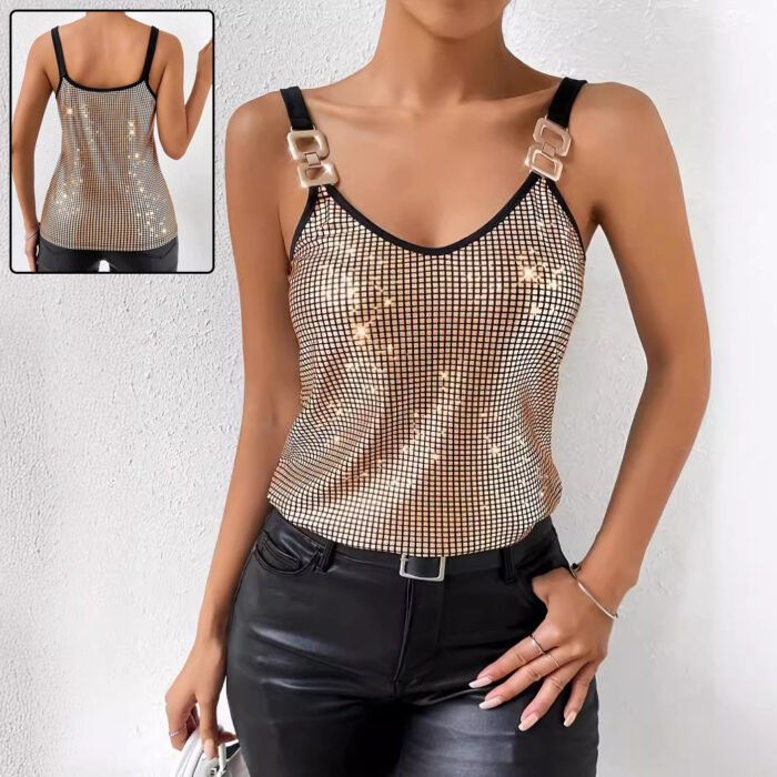 Gold chain strap sequin tank top with a shimmering grid design, V-neckline, and metallic finish, perfect for parties and club nights.