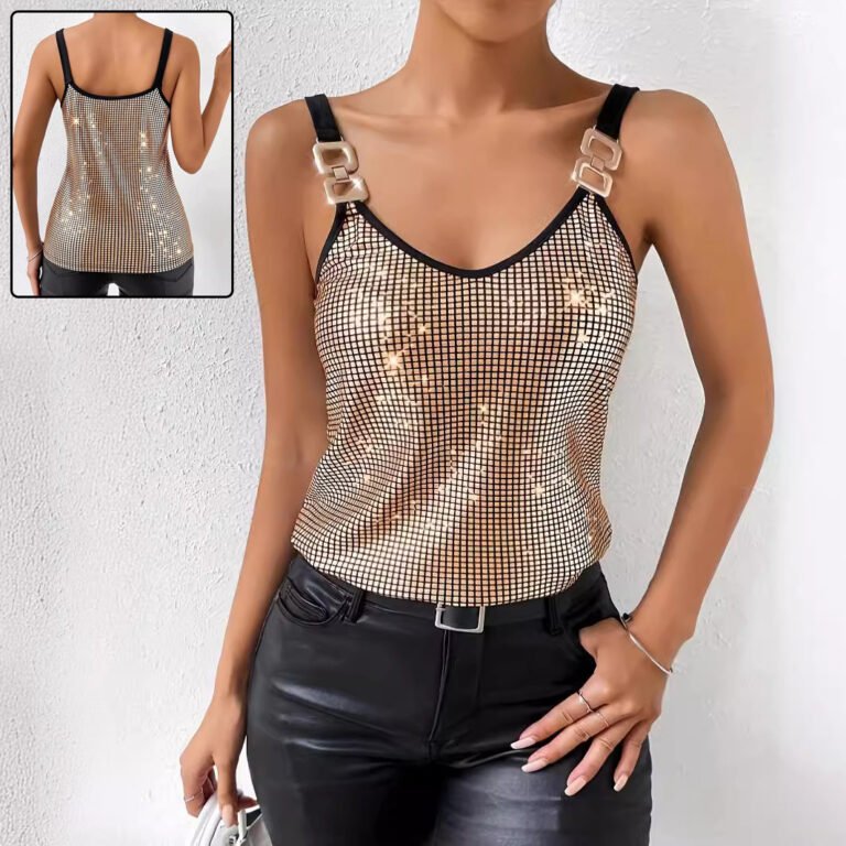 Gold chain strap sequin tank top with a shimmering grid design, V-neckline, and metallic finish, perfect for parties and club nights.