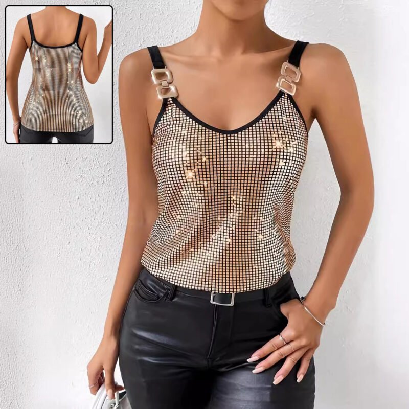 Gold chain strap sequin tank top with a shimmering grid design, V-neckline, and metallic finish, perfect for parties and club nights.