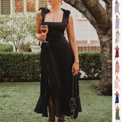 Elegant bow-tie strap maxi dress with a square neckline, high-slit flowy skirt, and a flattering A-line silhouette, perfect for weddings and special occasions.