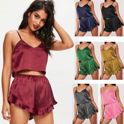 Satin Ruffle Cami Pajama Set