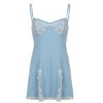 Lace-trim satin slip dresses in pastel blue, black with pink accents, and blush pink with underwire support and lace thigh slits.