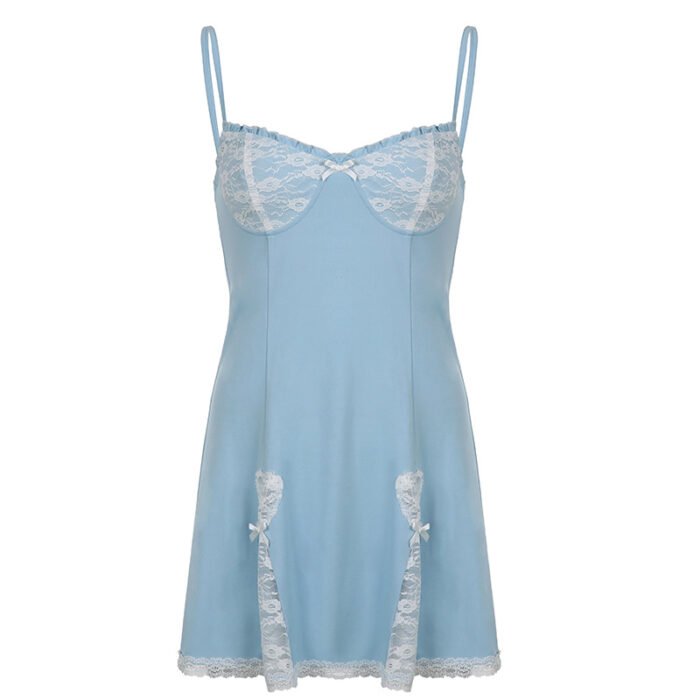 Lace-trim satin slip dresses in pastel blue, black with pink accents, and blush pink with underwire support and lace thigh slits.