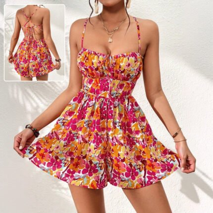 Floral backless romper with lace-up detail, spaghetti straps, and a flowy, breezy silhouette—perfect for summer adventures.