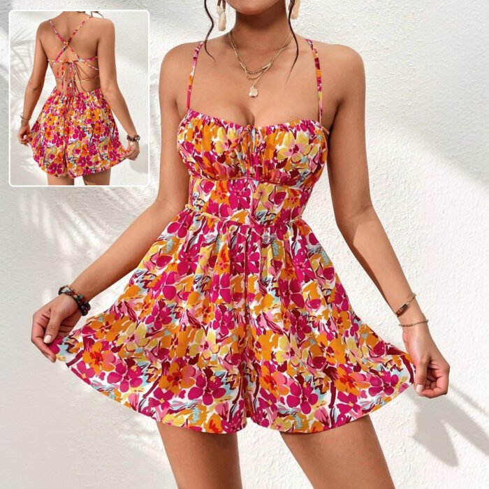Floral backless romper with lace-up detail, spaghetti straps, and a flowy, breezy silhouette—perfect for summer adventures.