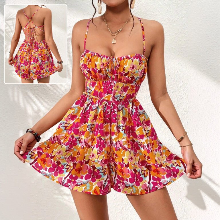 Floral backless romper with lace-up detail, spaghetti straps, and a flowy, breezy silhouette—perfect for summer adventures.