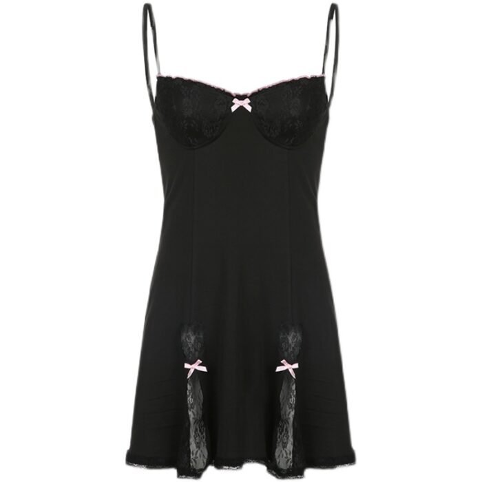 Lace-trim satin slip dresses in pastel blue, black with pink accents, and blush pink with underwire support and lace thigh slits.