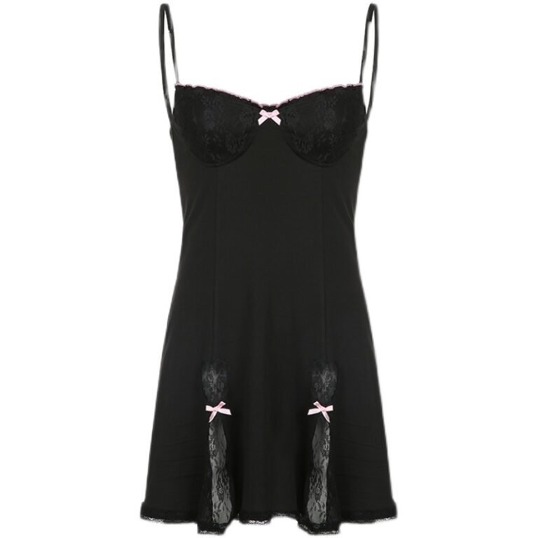 Lace-trim satin slip dresses in pastel blue, black with pink accents, and blush pink with underwire support and lace thigh slits.