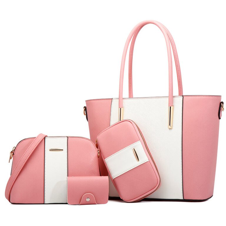 Full 4-piece blush pink and ivory tote bag set with gold accen