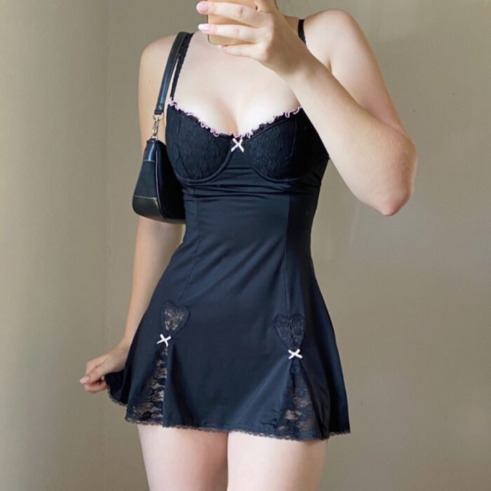 Lace-trim satin slip dresses in pastel blue, black with pink accents, and blush pink with underwire support and lace thigh slits.