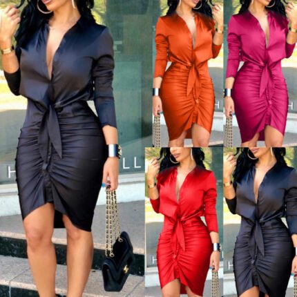 Model in black ruched satin button-down dress