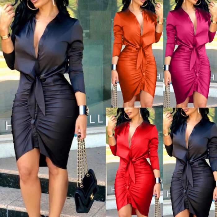 Model in black ruched satin button-down dress