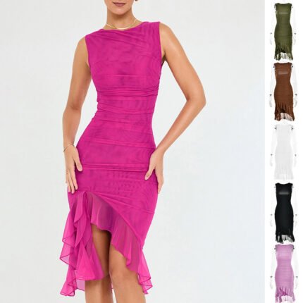 Model wearing a black ruched sleeveless dress with asymmetrical ruffle hem