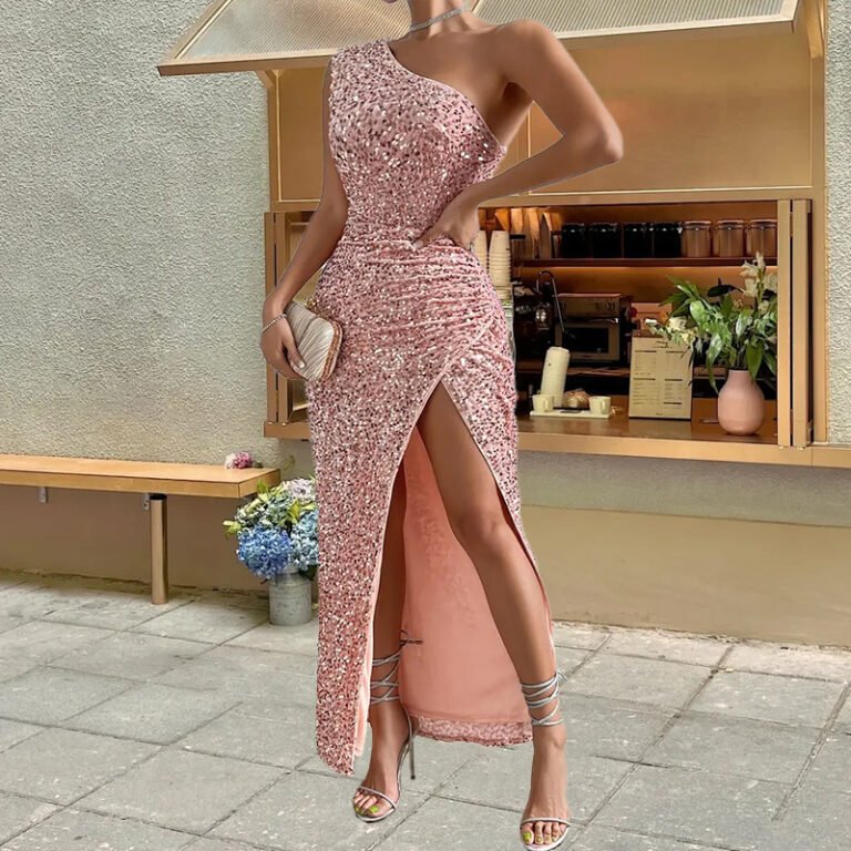 one-shoulder sequin gown
