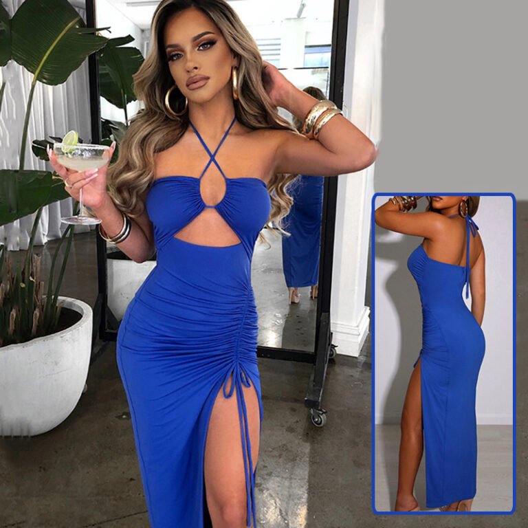 Woman in mocha brown ruched cutout halter maxi dress posing with hand on head