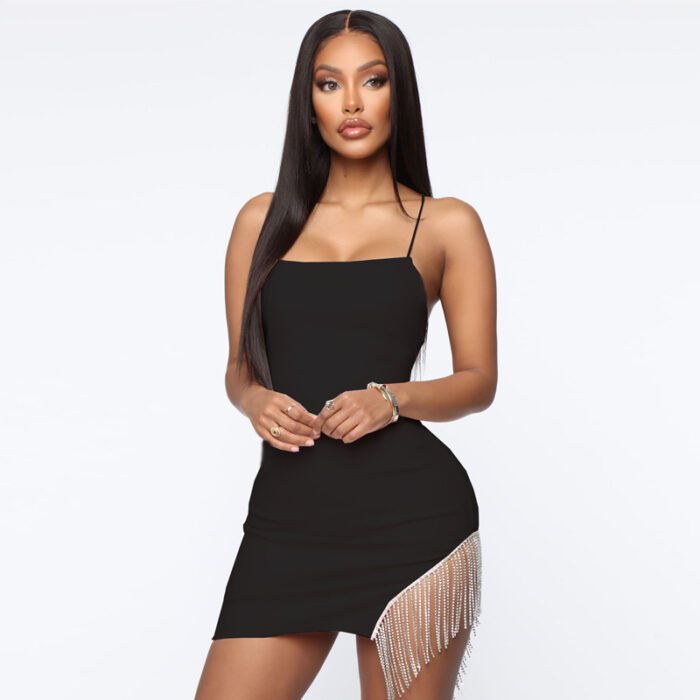 Woman in black rhinestone slit bodycon mini dress Back view of blush pink rhinestone slit dress Front view of red slit sparkle mini dress White sparkle mini dress with side rhinestone detail