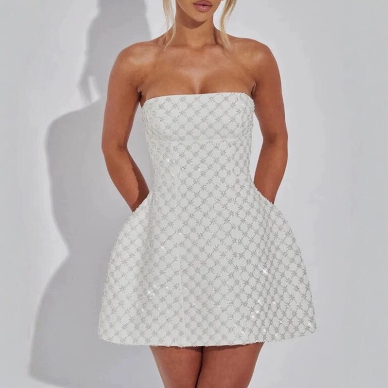 Back view of strapless white sequin A-line mini dress Front view of Diamond Dust strapless sparkle mini dress