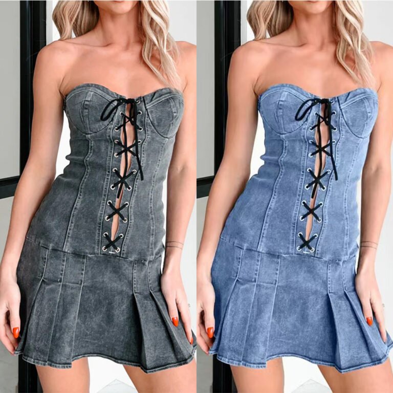 Model in washed black lace-up corset denim mini dress