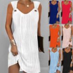 Model wearing orange ring-strap mini dress with asymmetrical slit hem; same dress shown in red, white, black, and light blue