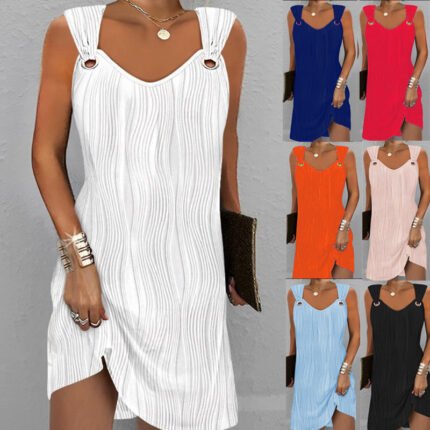 Model wearing orange ring-strap mini dress with asymmetrical slit hem; same dress shown in red, white, black, and light blue
