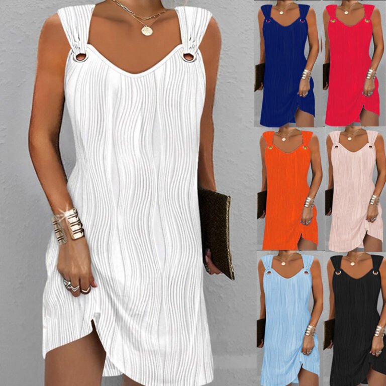 Model wearing orange ring-strap mini dress with asymmetrical slit hem; same dress shown in red, white, black, and light blue