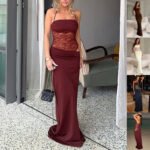 Model wearing Velvet Hour Lace-Panel Backless Maxi Dress in black with lace back detail and adjustable straps Model showcasing front lace waist design in burgundy red Velvet Hour Maxi Dress