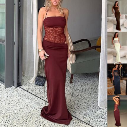 Model wearing Velvet Hour Lace-Panel Backless Maxi Dress in black with lace back detail and adjustable straps Model showcasing front lace waist design in burgundy red Velvet Hour Maxi Dress
