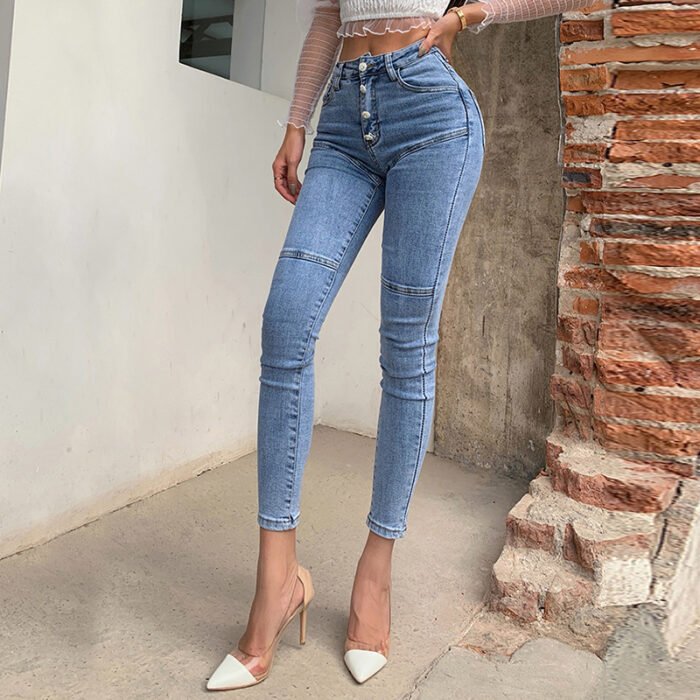 alt="Butt-lifting skinny jeans with triple-button waist"