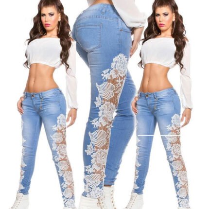 Model wearing light blue high-waisted skinny jeans with sheer white floral lace panels