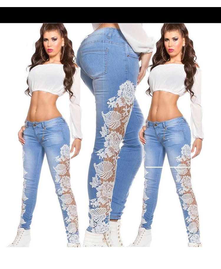 Model wearing light blue high-waisted skinny jeans with sheer white floral lace panels