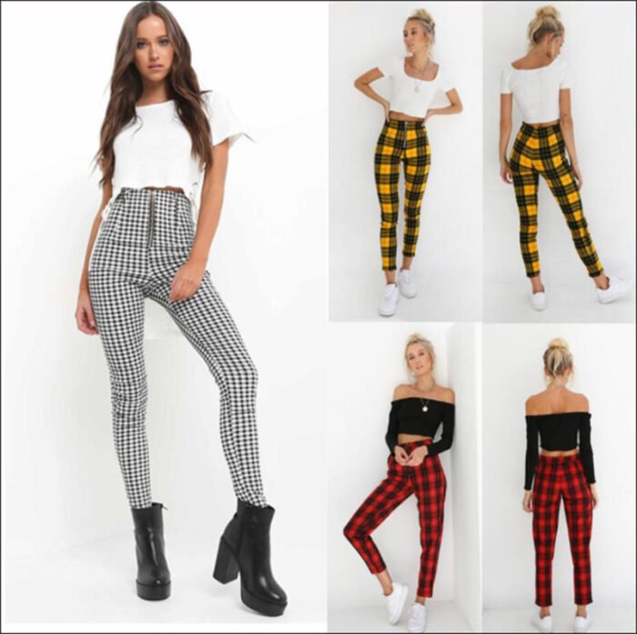 Models wearing plaid high-waisted pants in black and white checkered, red plaid, and yellow tartan prints, paired with white sneakers.
