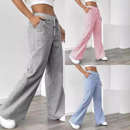 Blue striped casual cotton lounge pants with front pockets