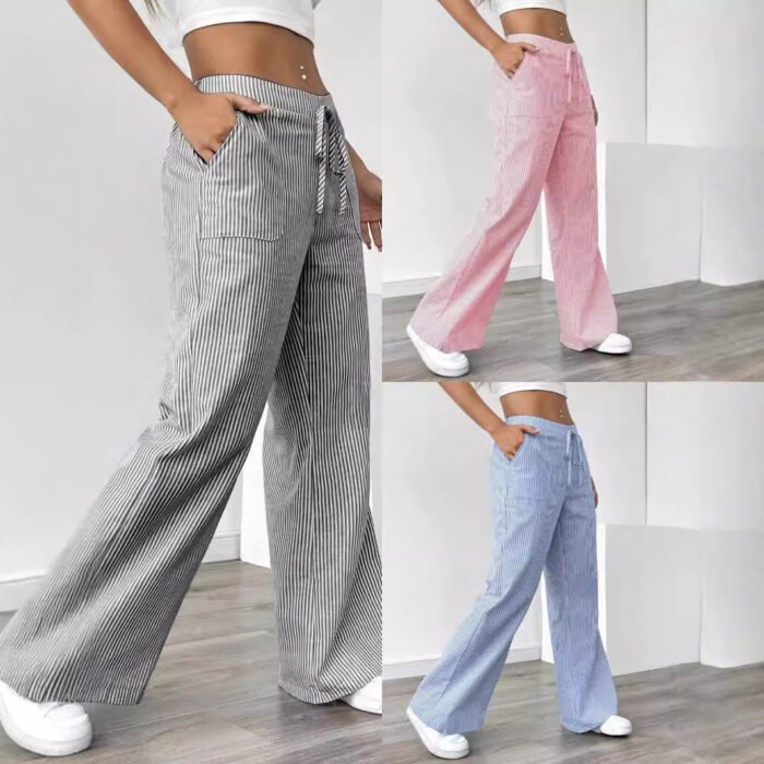 Blue striped casual cotton lounge pants with front pockets