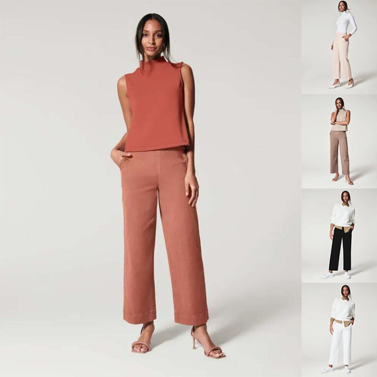 Woman wearing terracotta wide-leg high-rise trousers