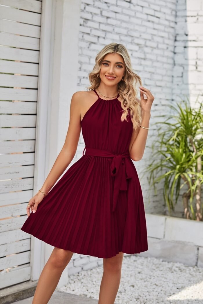 Wine red pleated mini halter dress
