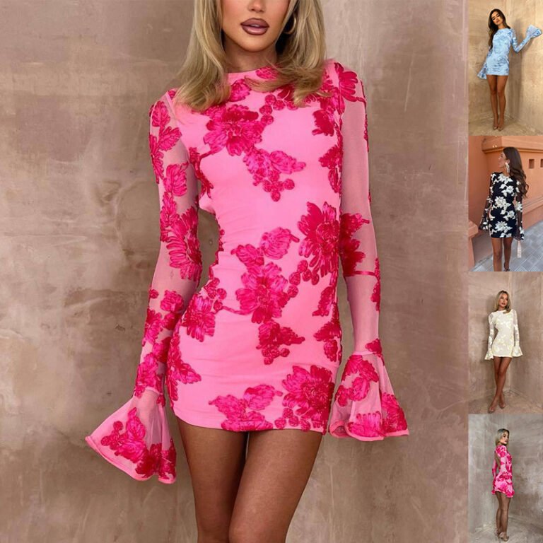 Pink mini dress with bold red floral appliqué and sheer bell sleeves