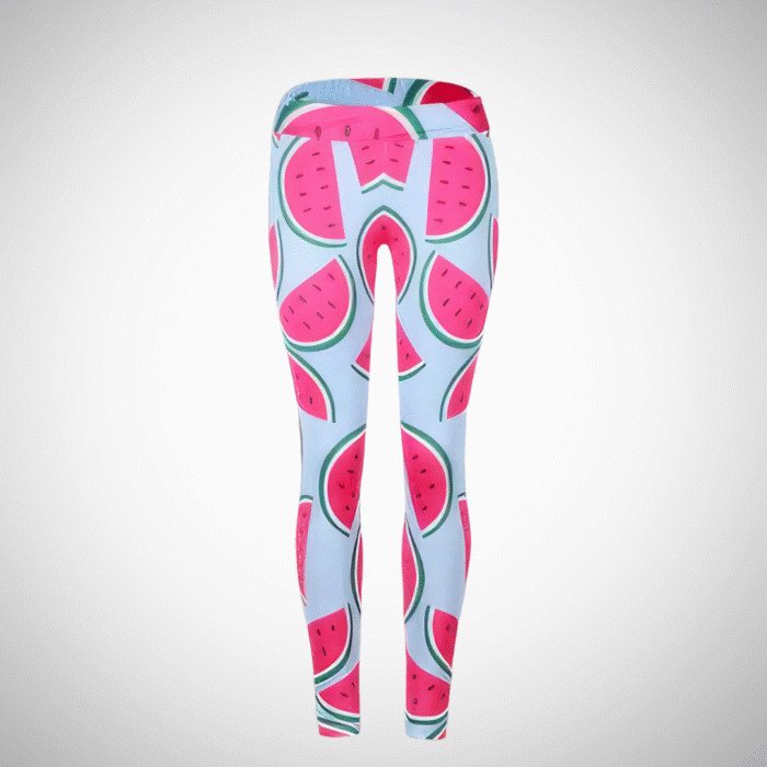 Back view of high-waisted leggings with vibrant watermelon slice print