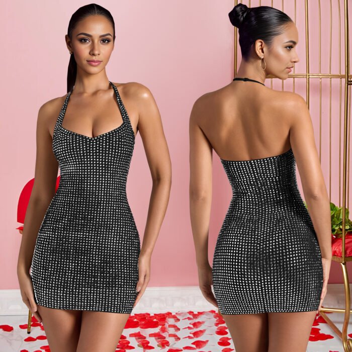Woman wearing black crystal halter mini dress