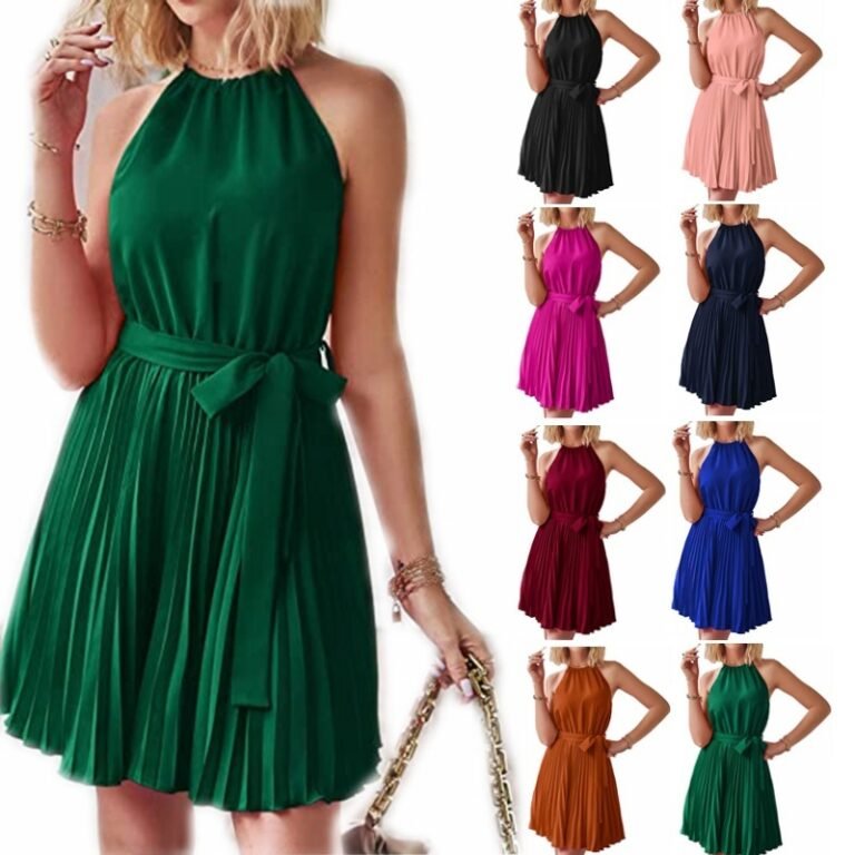 Woman wearing emerald green pleated halter mini dress