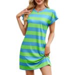 Woman wearing pink and white striped t-shirt dress Woman in blue and white striped casual mini dress Collection of striped t-shirt dresses in various colors