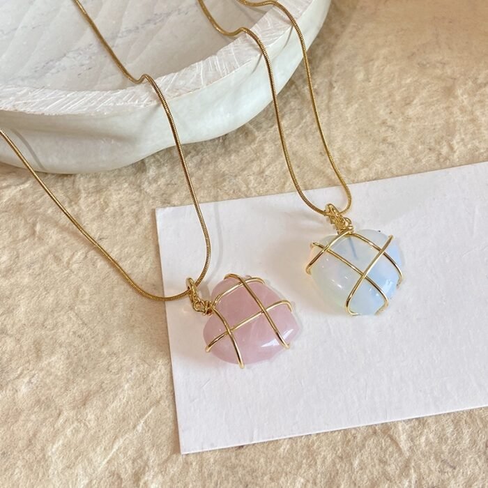 Rose quartz crystal seashell pendant on gold chain Clear crystal shell necklace with gold-tone finish