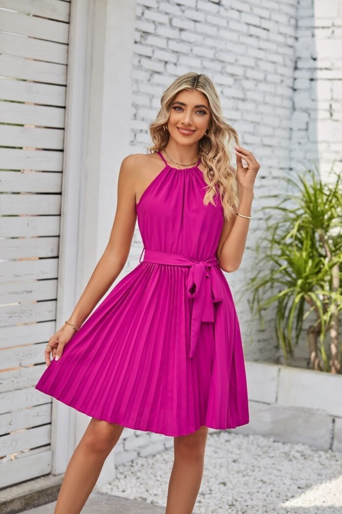 Blush pink pleated halter mini dress