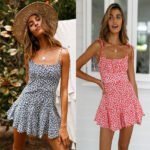Woman wearing a floral ruffle mini dress with tie straps, styled for summer.