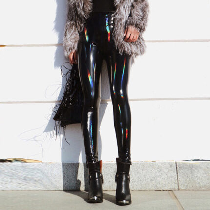 Two views of ultra-glossy black faux leather leggings: one with classic patent shine and one with holographic rainbow reflection finish.