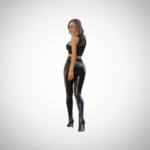 Four women of different body types modeling high-waisted glossy black faux leather leggings; back and side views showing sculpting fit. Close-up shot highlights contour seam design.