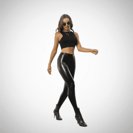 Four women of different body types modeling high-waisted glossy black faux leather leggings; back and side views showing sculpting fit. Close-up shot highlights contour seam design.